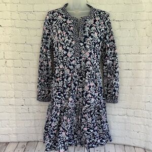 J.Crew Floral Cotton Navy Long-Sleeve Tiered Dress -